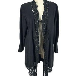 Plaza South Vintage 80/90s Lace Trim Black Cotton‎ Boho Duster Cardigan Size 8